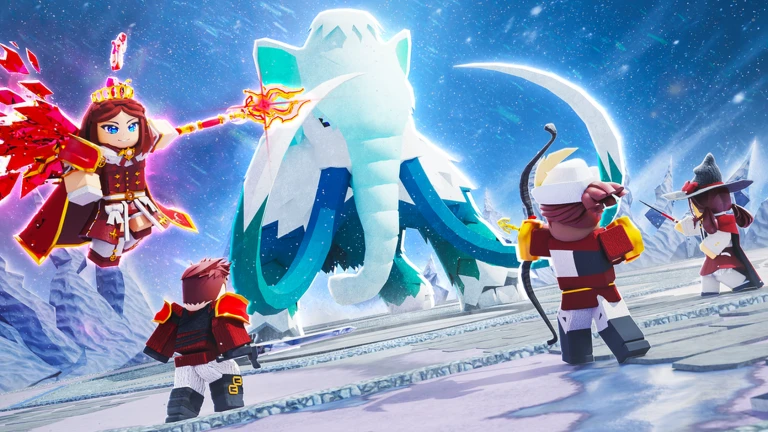 Heroes facing a giant icy enemy
