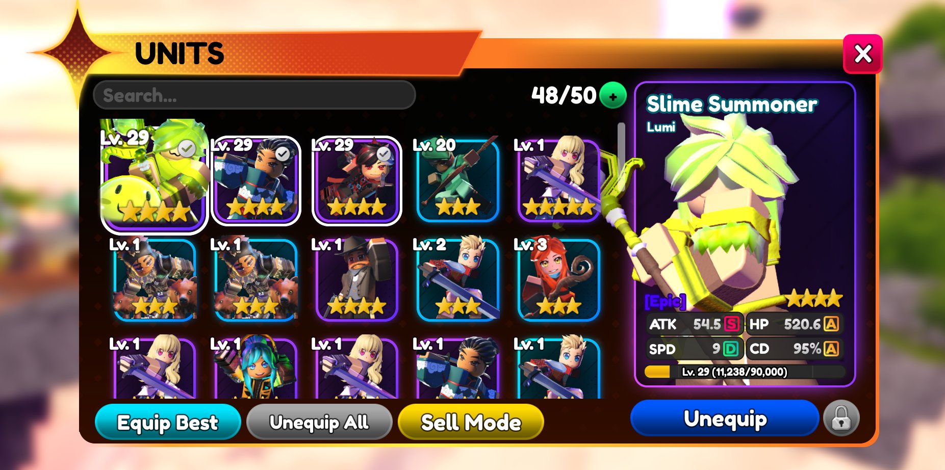 In-game Units panel showing a hero's ATK, HP, SPD, and CD with rank letters
